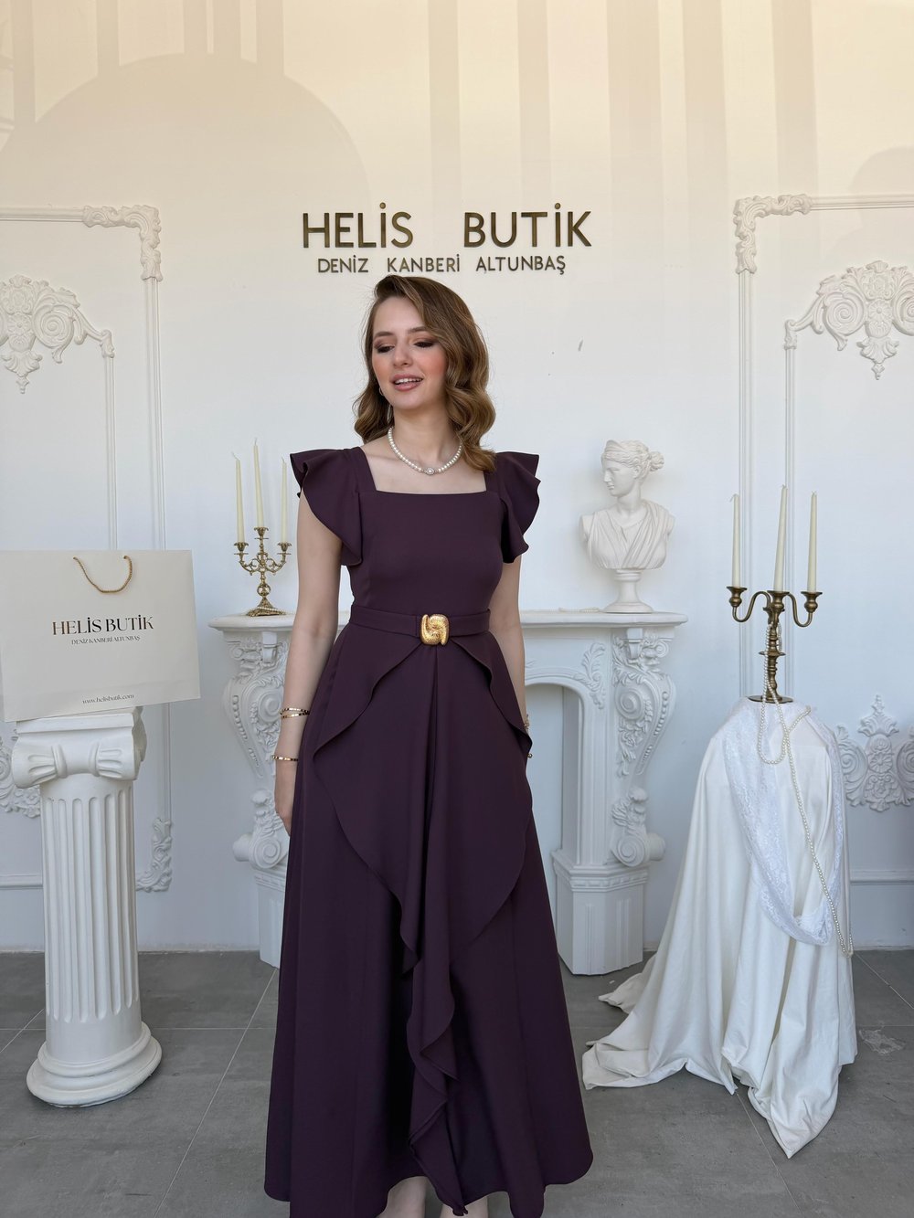 Fırfır Kollu Katlı Etek Detaylı Elbise - Mürdüm