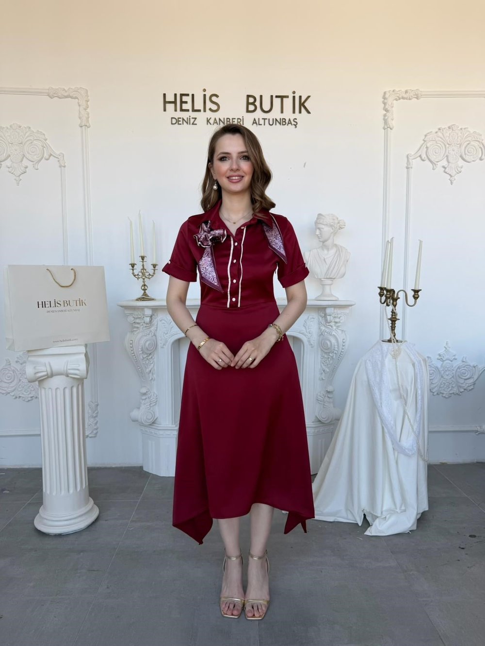Fular Detaylı Saten Midi Boy Elbise - Bordo