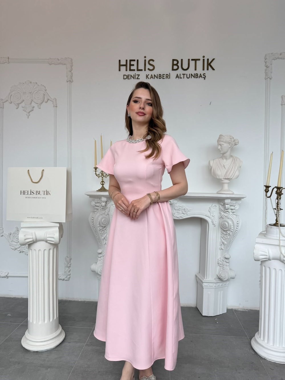 Helis Özel Tasarım Prenses Kesim Taş İşlemeli Abiye Elbise - Pembe