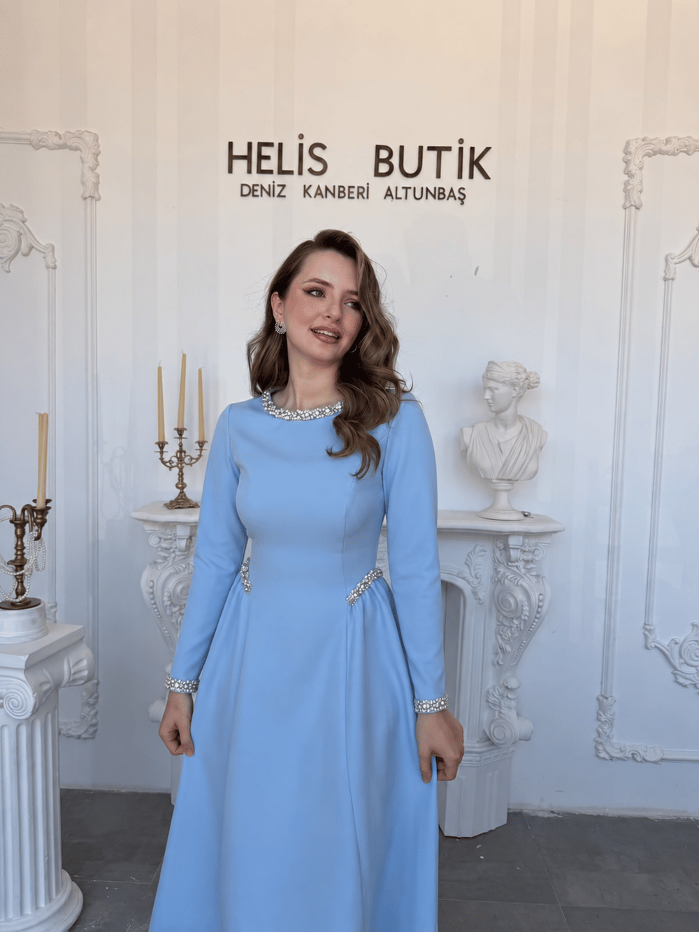 Helis Özel Tasarım Prenses Kesim Uzun Kol Taş İşlemeli Abiye Elbise - Mavi