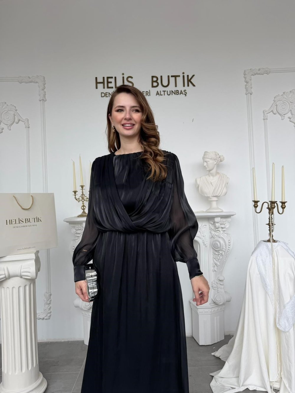Işıltılı Siyah Şifon Bluz Etek Takım