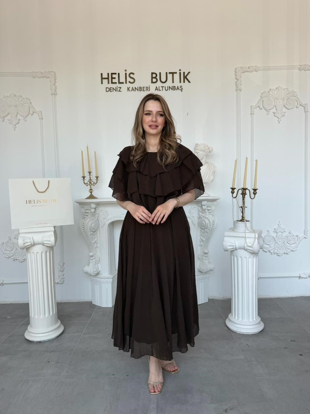 Kat Kat Fırfırlı Şifon Bluz Etek Takım - Kahve