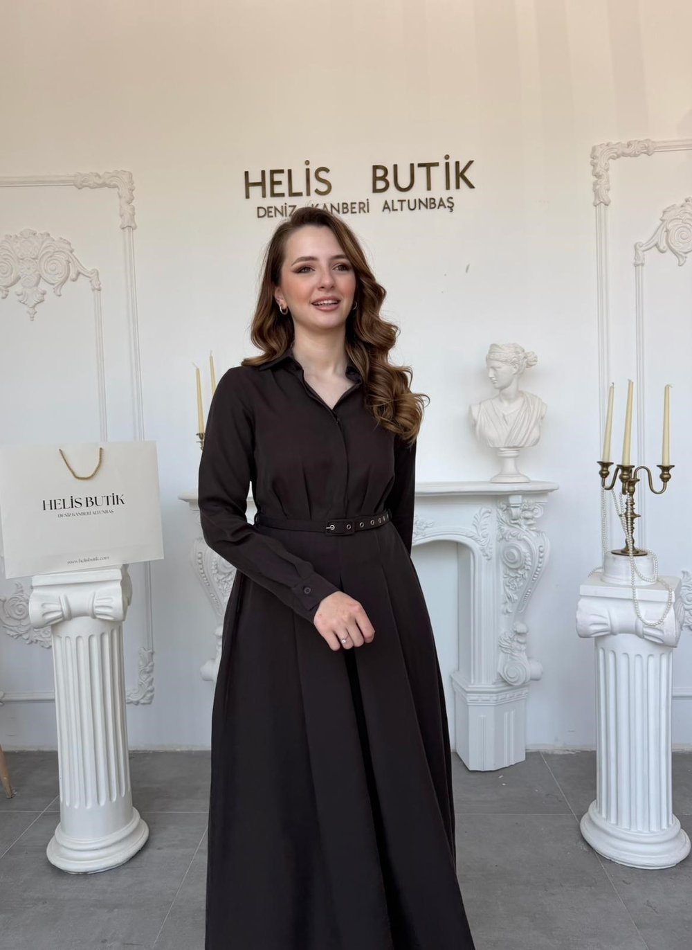 Kemerli Premium Pamuk Gömlek Elbise - Kahve