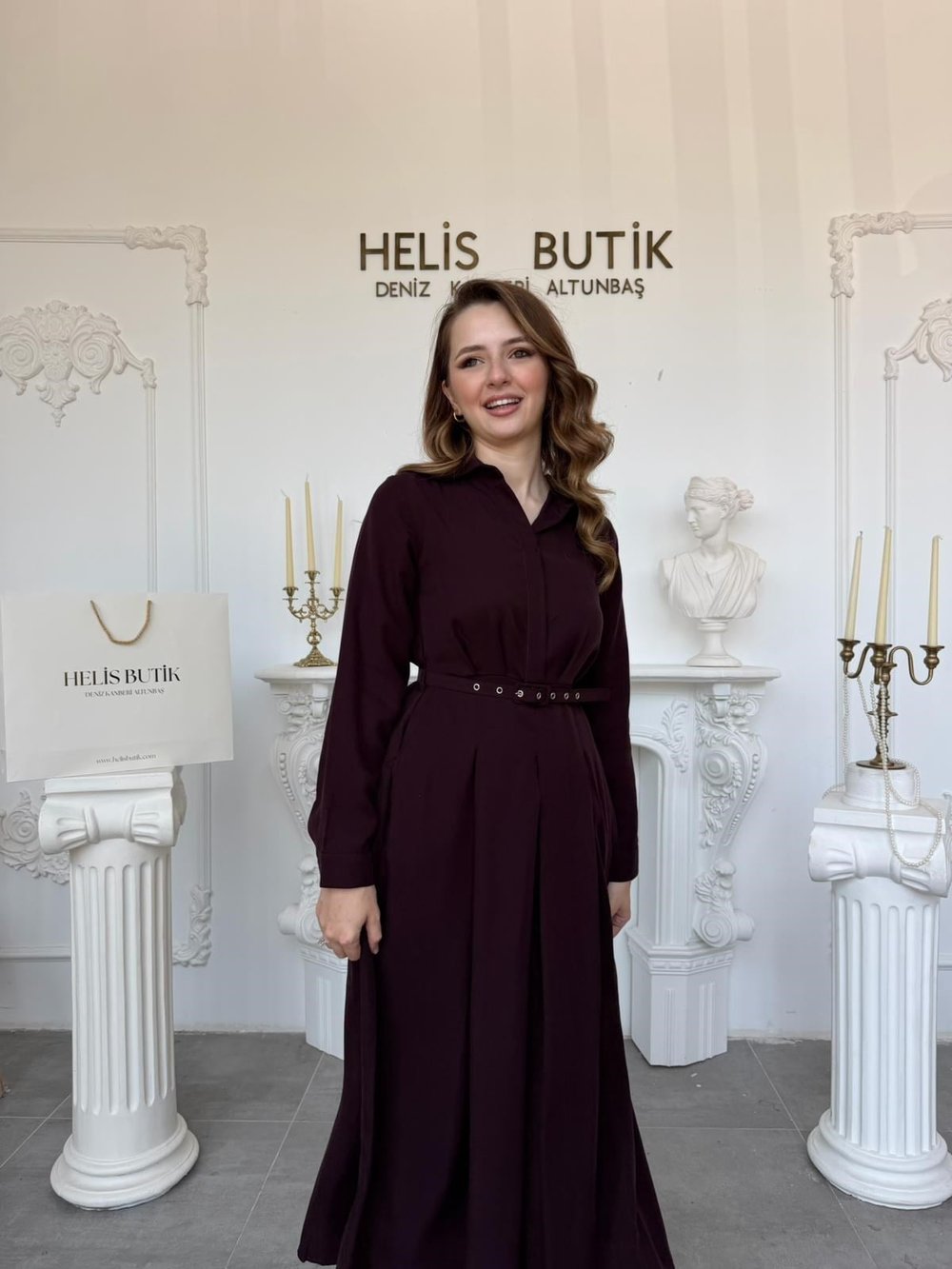 Kemerli Premium Pamuk Gömlek Elbise - Mürdüm