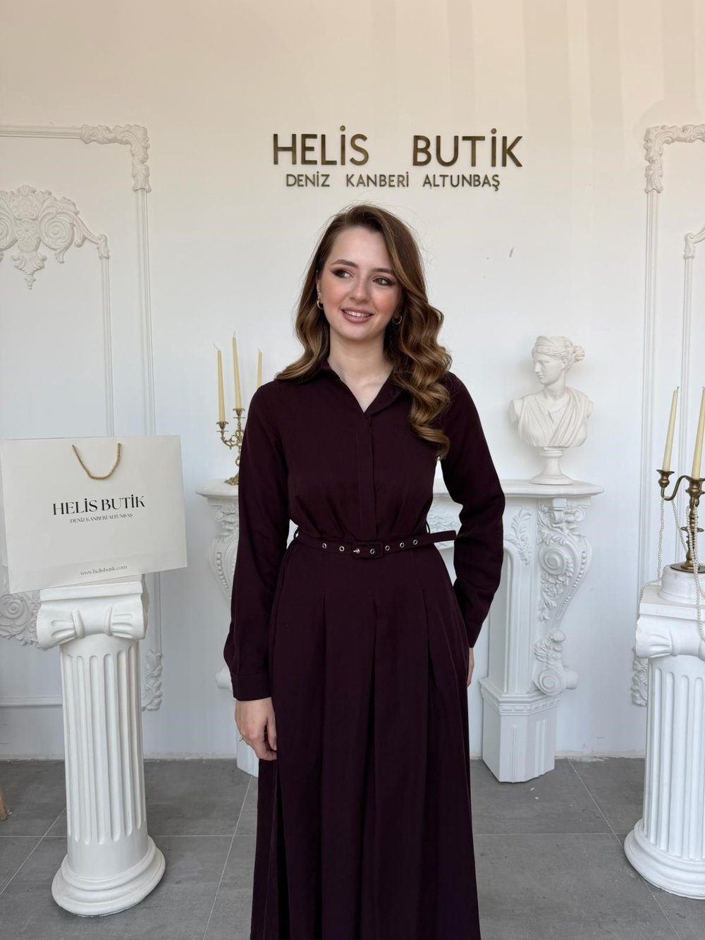 Kemerli Premium Pamuk Gömlek Elbise - Mürdüm