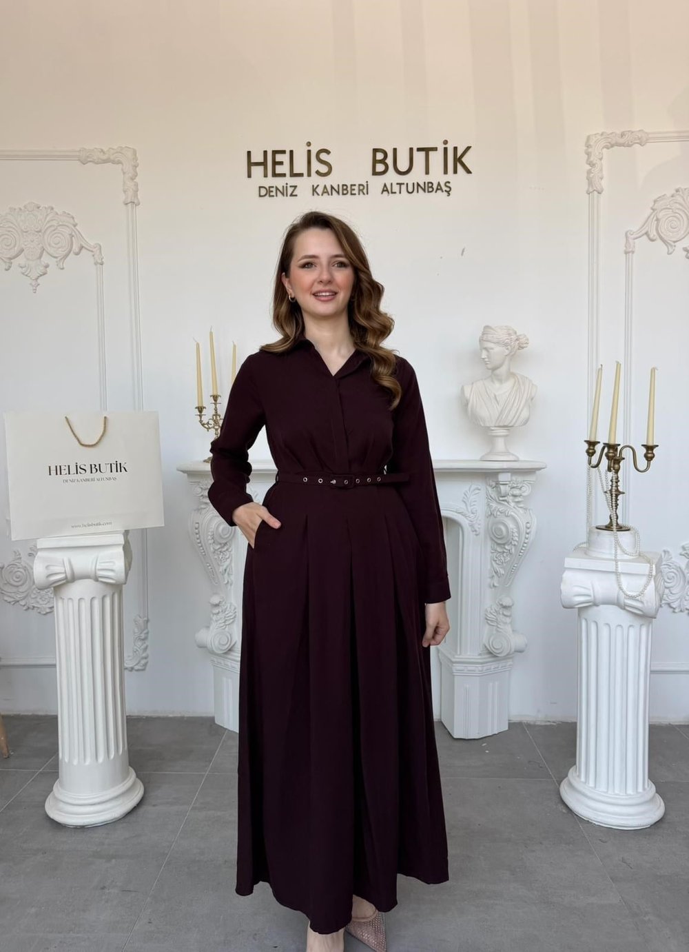 Kemerli Premium Pamuk Gömlek Elbise - Mürdüm