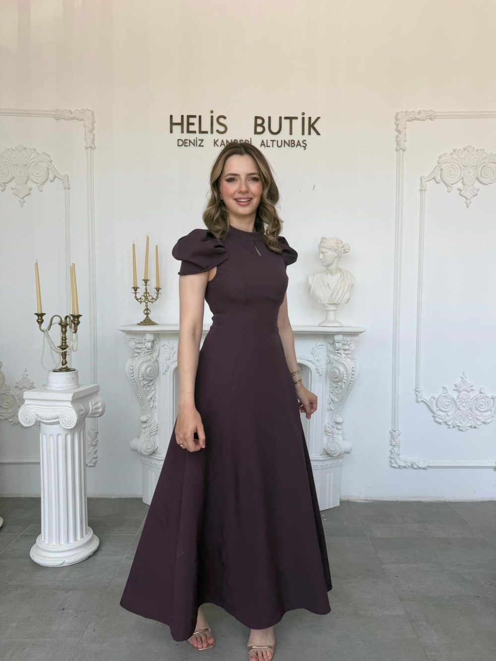 Kol Tasarım Arkası Bağlamalı Elbise - Mürdüm