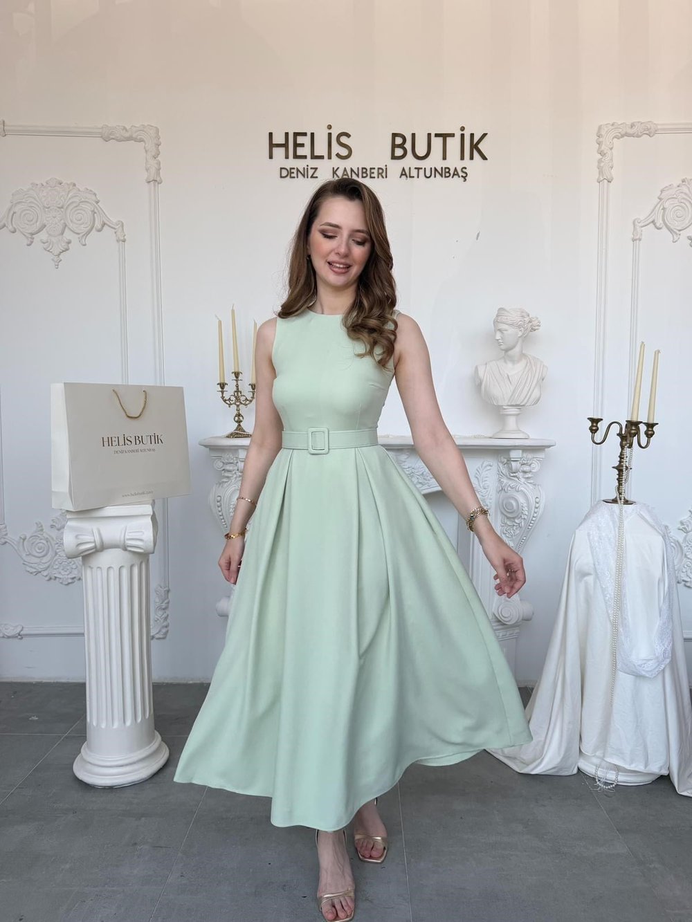 Pileli Bisiklet Yaka  Elbise - Mint