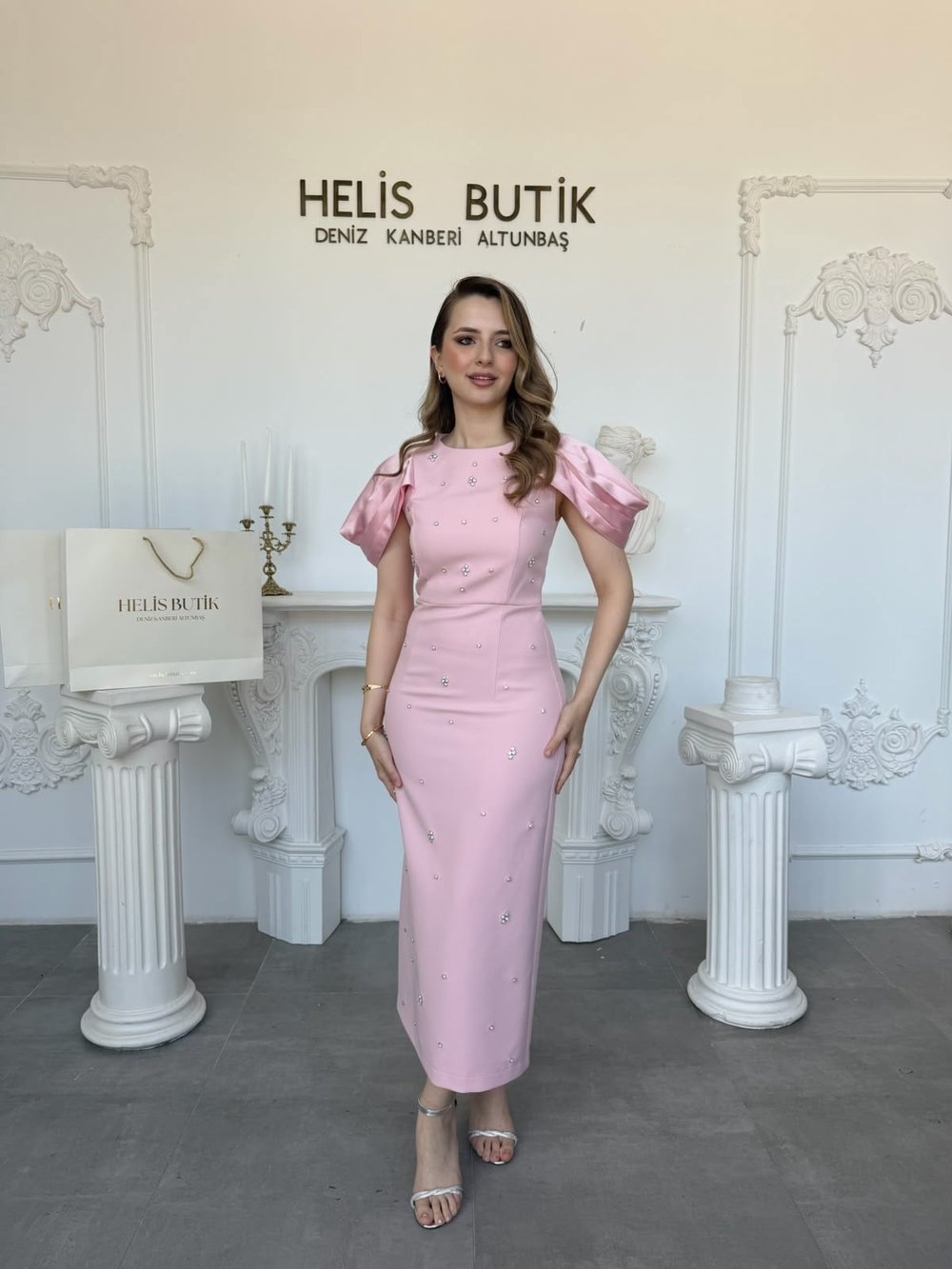 Saten Kol Detaylı Kristal Taş İşlemeli Abiye Elbise - Pembe