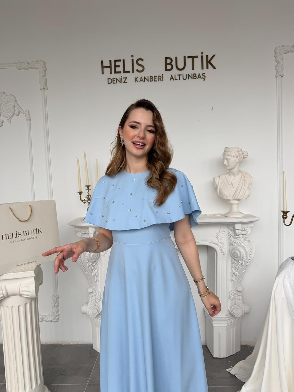 Taş İşlemeli Bolerolu İki Parçalı Elbise Seti - Mavi