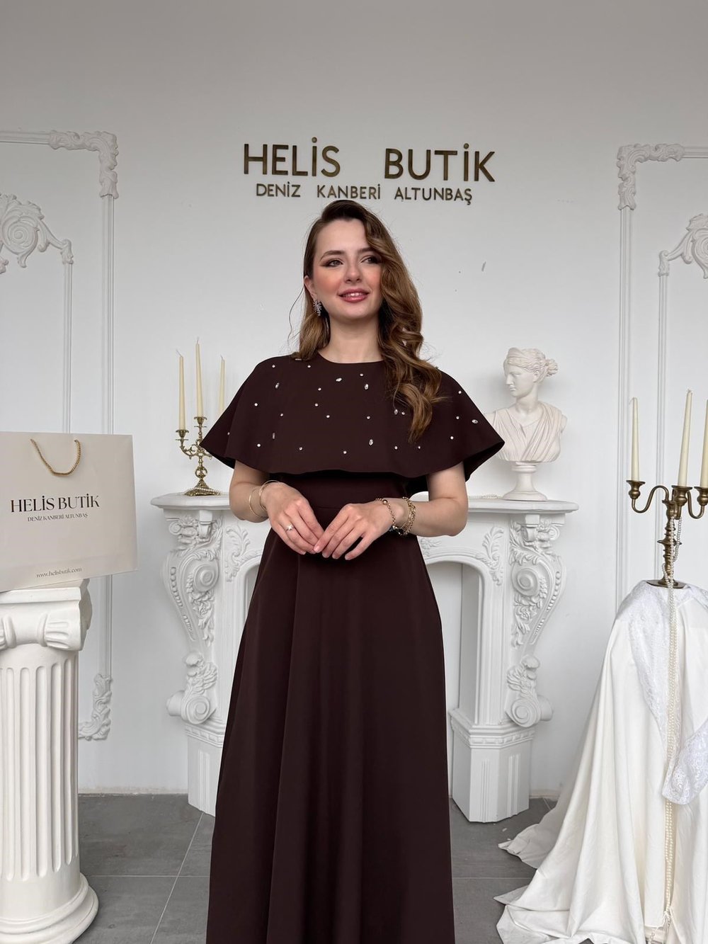 Taş İşlemeli Bolerolu İki Parçalı Elbise Seti - Kahve