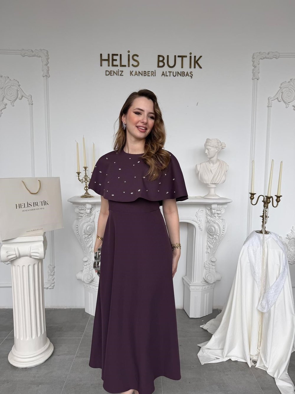 Taş İşlemeli Bolerolu İki Parçalı Elbise Seti - Mürdüm