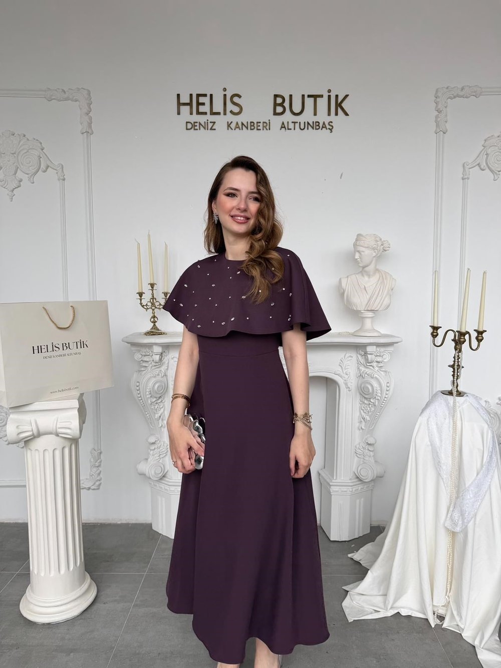 Taş İşlemeli Bolerolu İki Parçalı Elbise Seti - Mürdüm