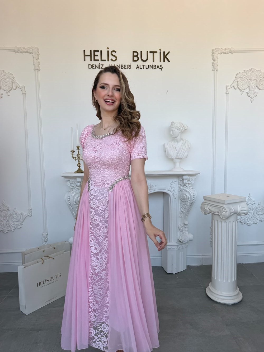 Taş İşlemeli Dantel ve Şifon Detaylı Abiye Elbise - Pembe