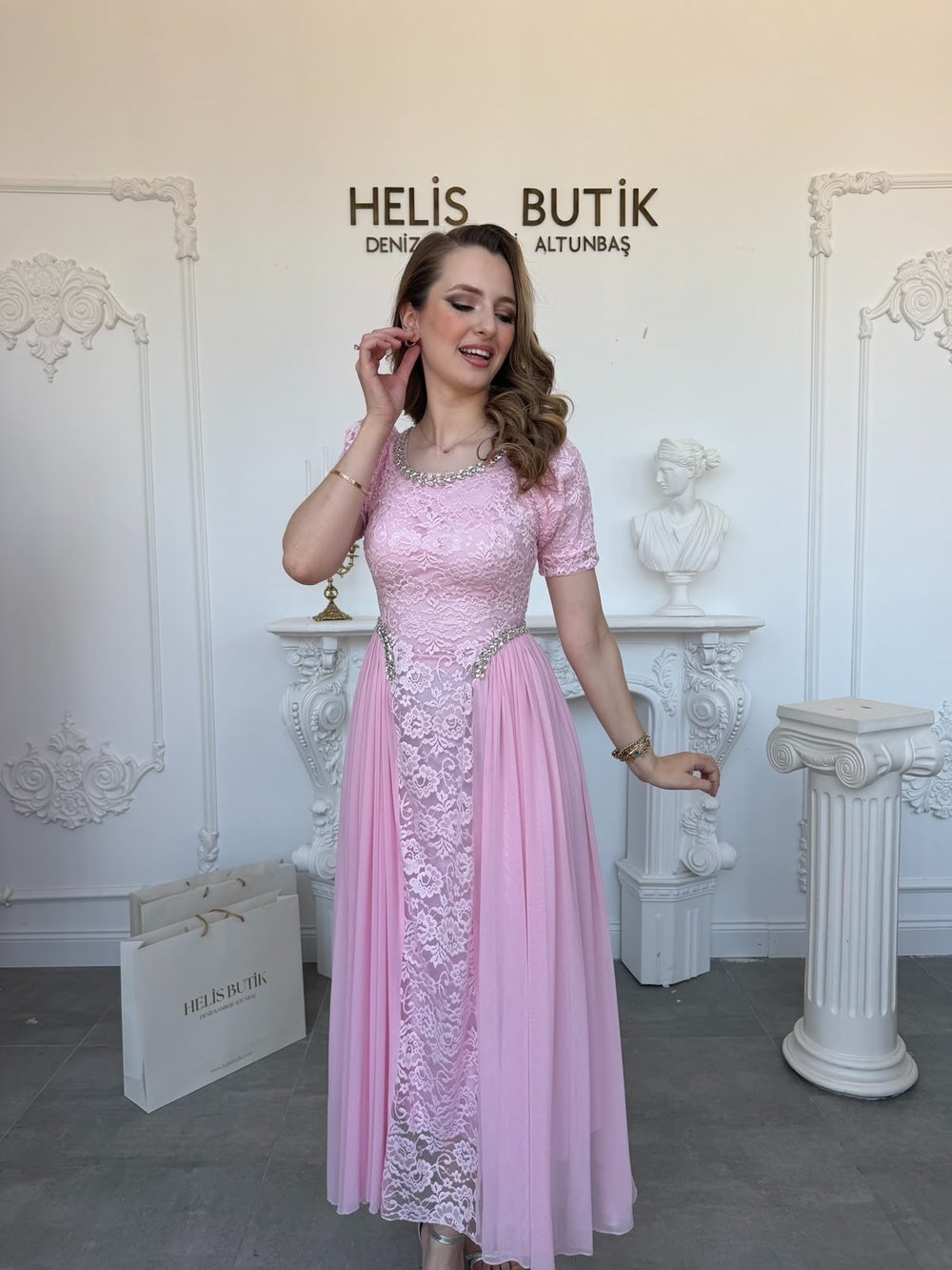 Taş İşlemeli Dantel ve Şifon Detaylı Abiye Elbise - Pembe