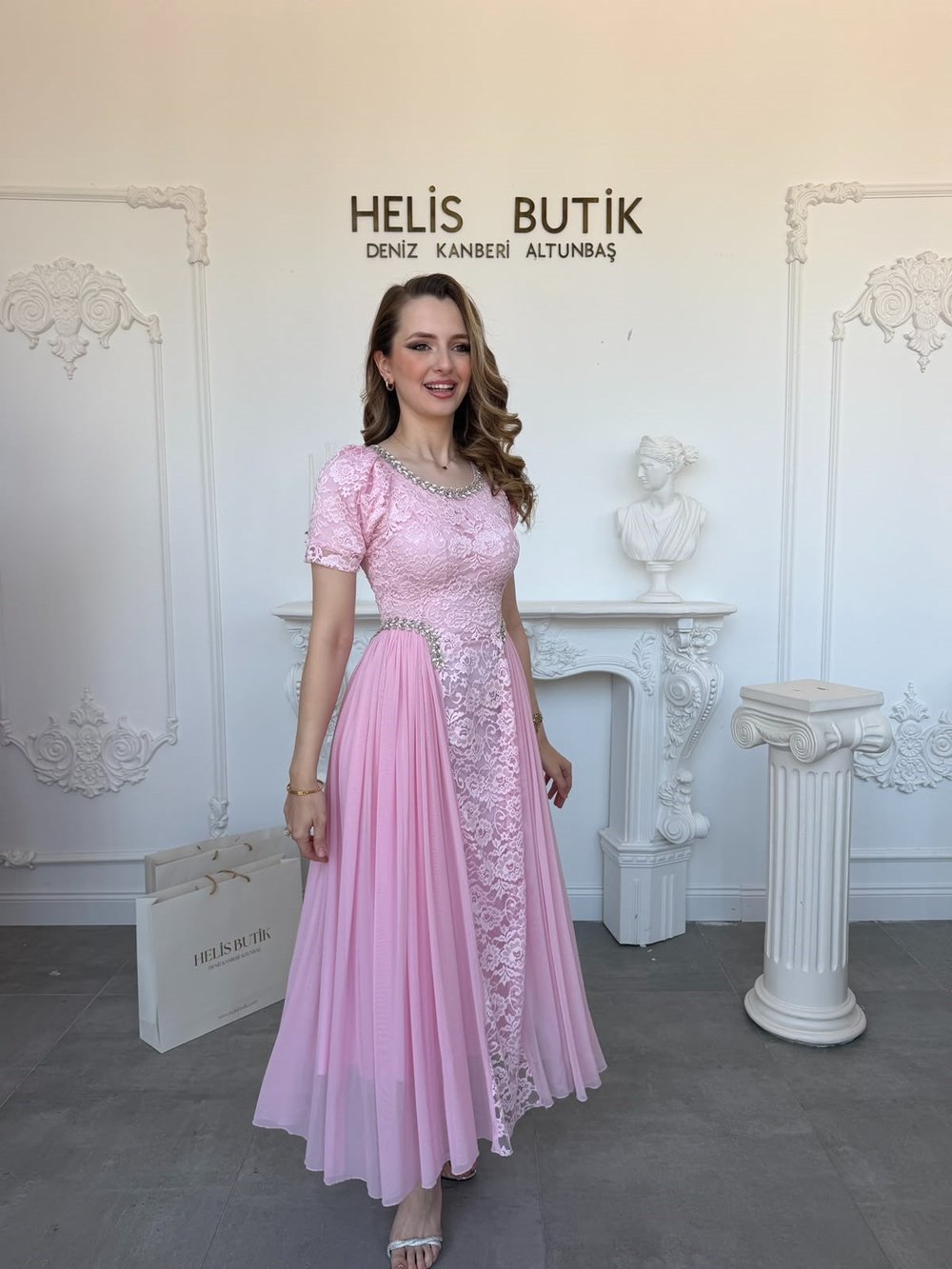 Taş İşlemeli Dantel ve Şifon Detaylı Abiye Elbise - Pembe