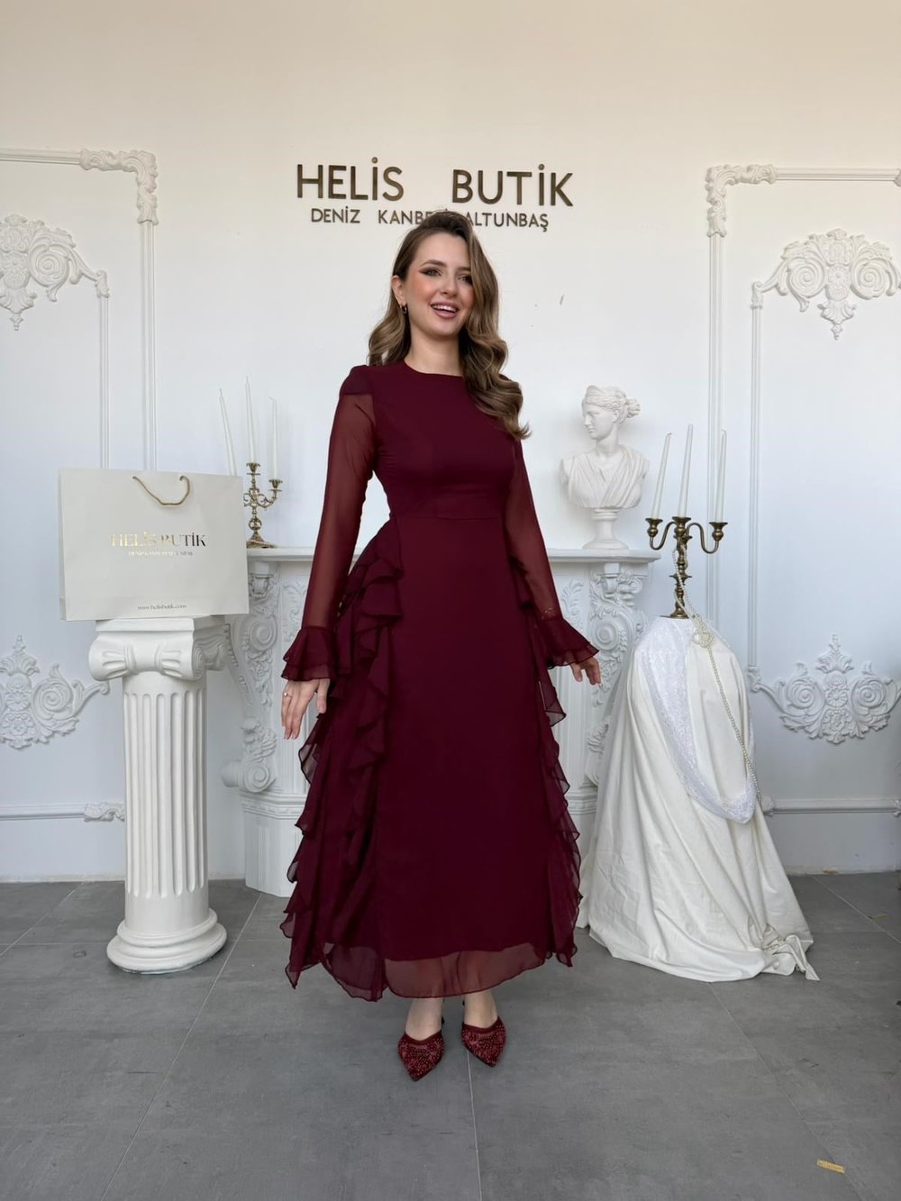Uzun Kollu Fırfır Detaylı Bordo Şifon Maxi Elbise