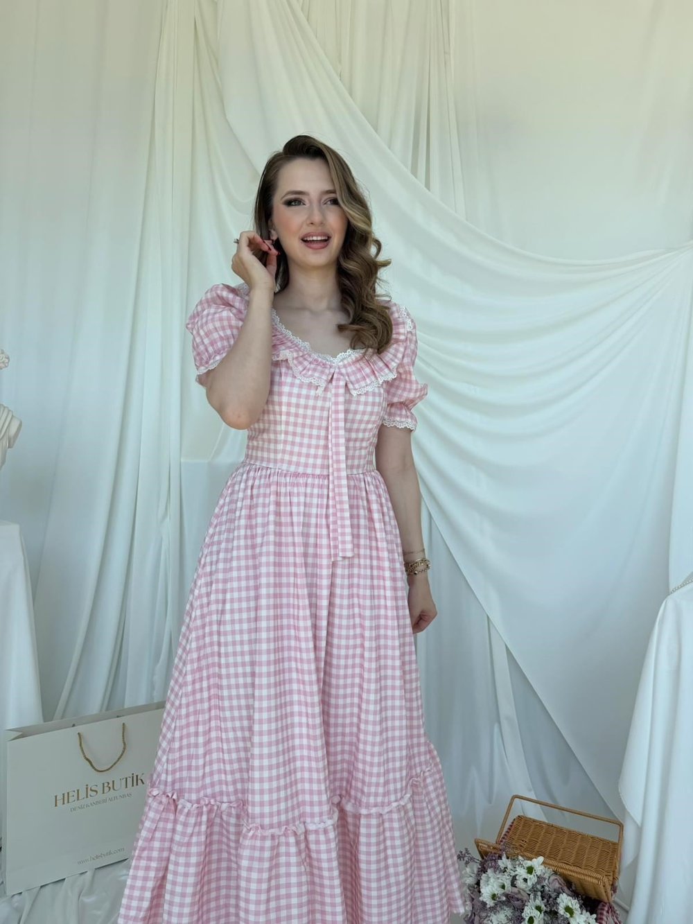 Vintage Fırfırlı Pötikare Keten Elbise - Pembe