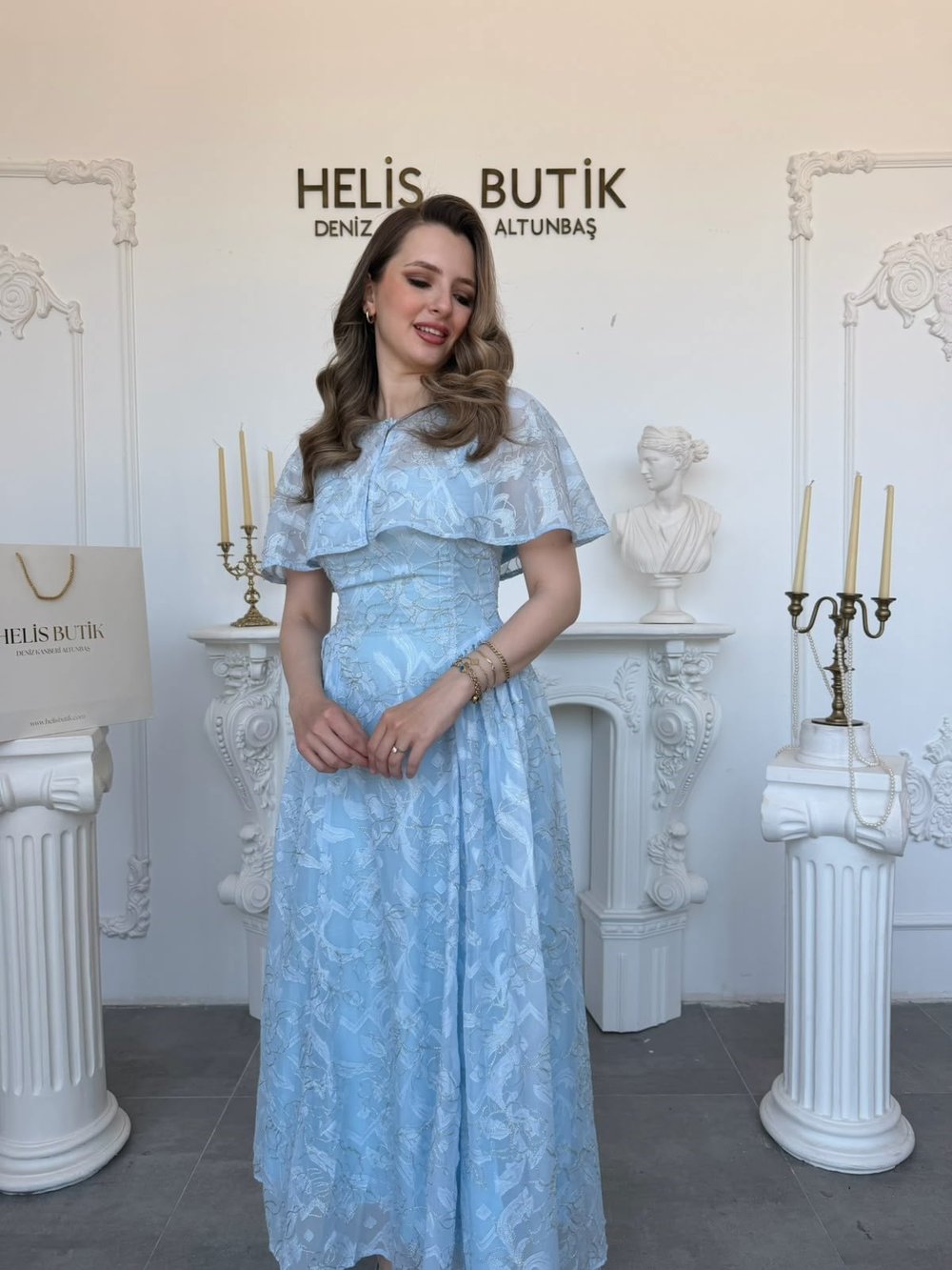 Yaldız Nakış İşlemeli Bolerolu Abiye Elbise - Mavi