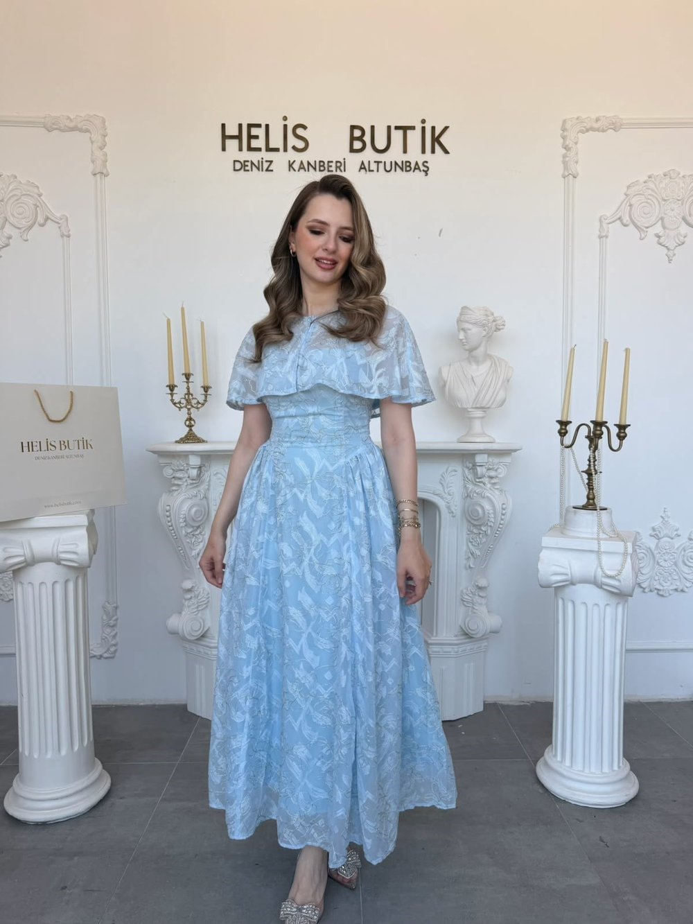 Yaldız Nakış İşlemeli Bolerolu Abiye Elbise - Mavi
