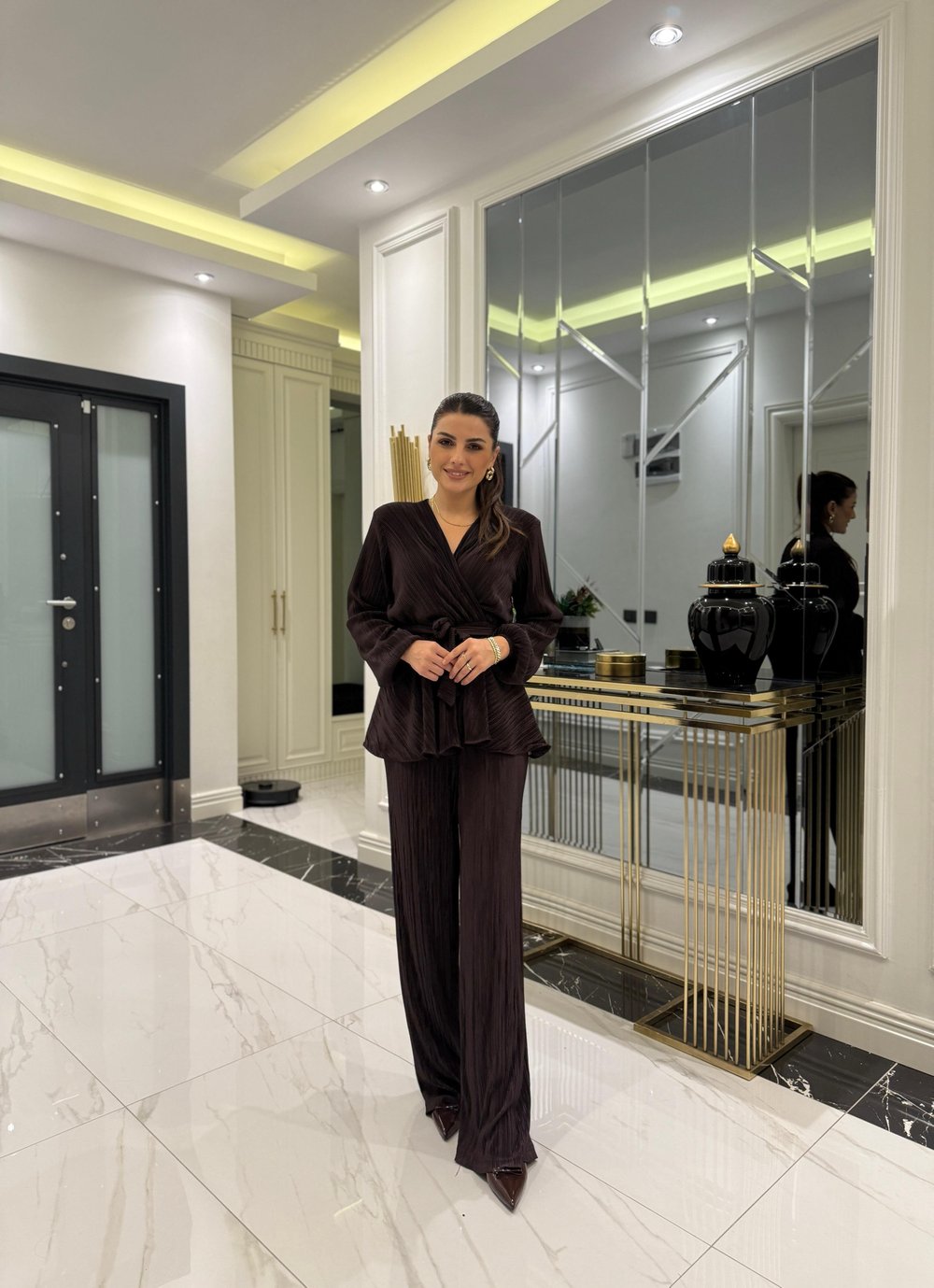 Kahve Volanlı Bluz Pantolon Takım