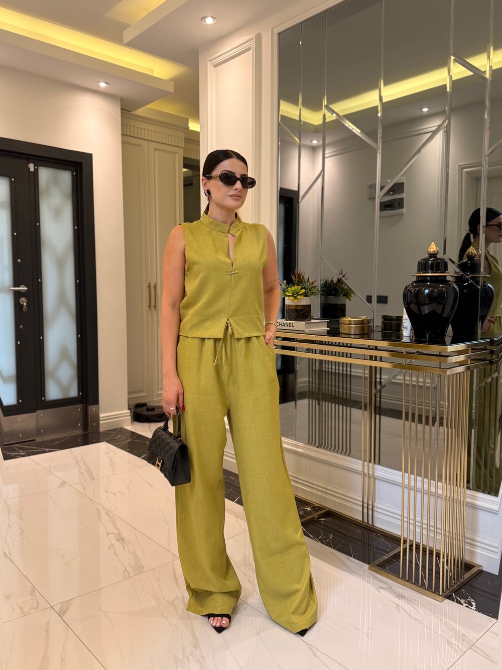 Neon Yeşil Keten Karışımlı Bluz Ve  Pantolon Takım 