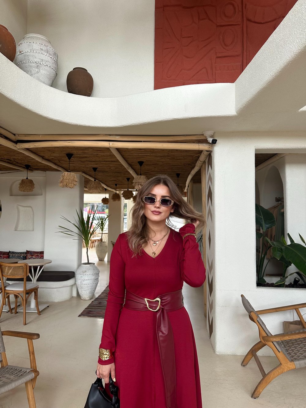 Bordo Deri Kemerli Maxi Boy Elbise