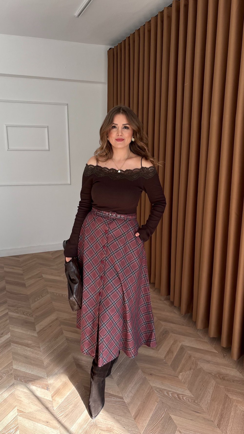 Bordo Kareli Düğmeli Maxi Boy Etek