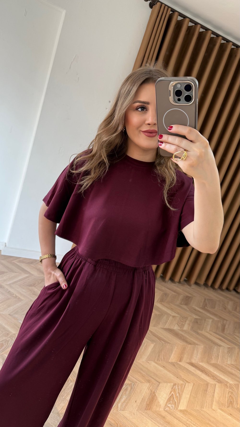 Pelerinli Modal Kumaş Salaş Takım – Mürdüm Vişne