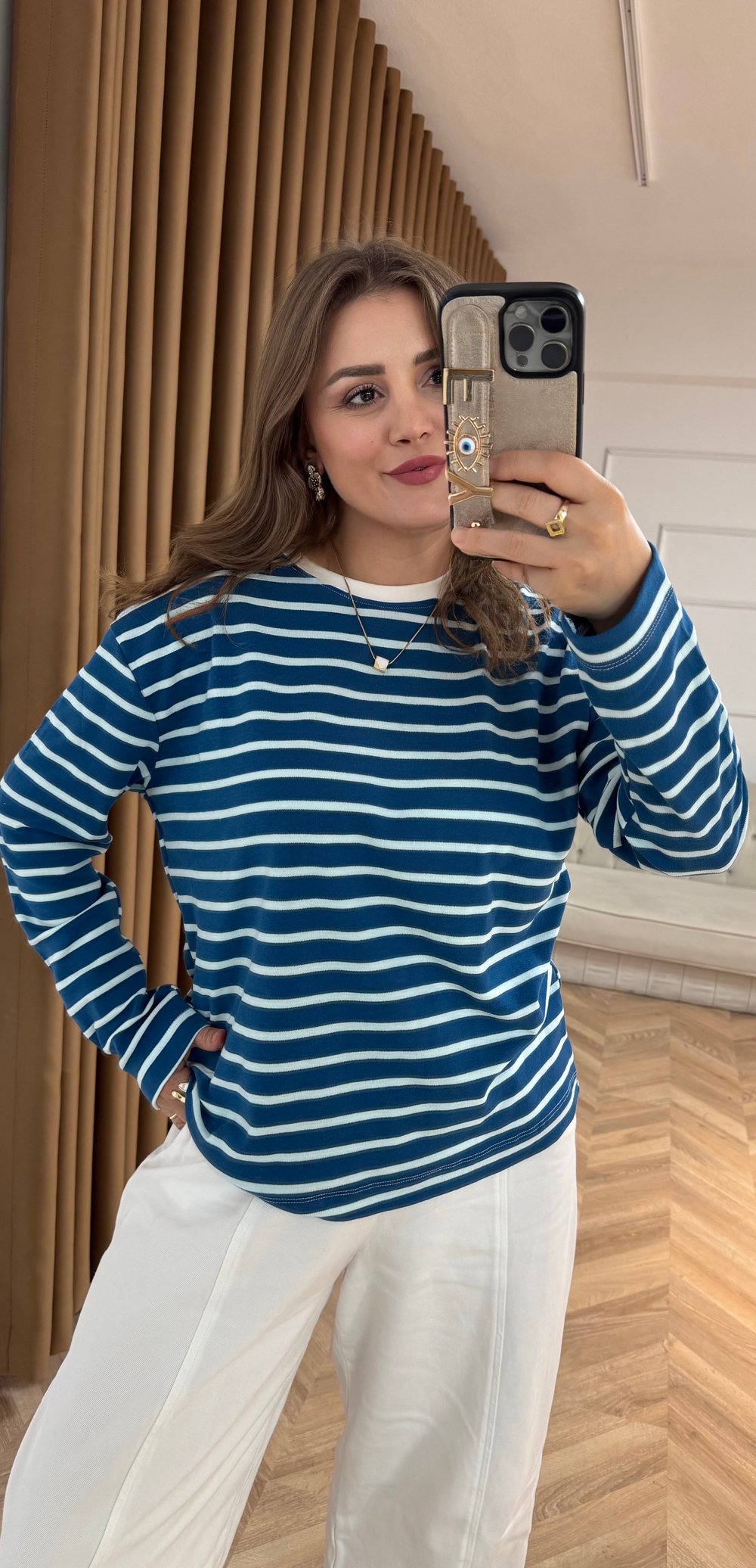 Riva Çizgili Oversize Sweat-Mavi-Ekru