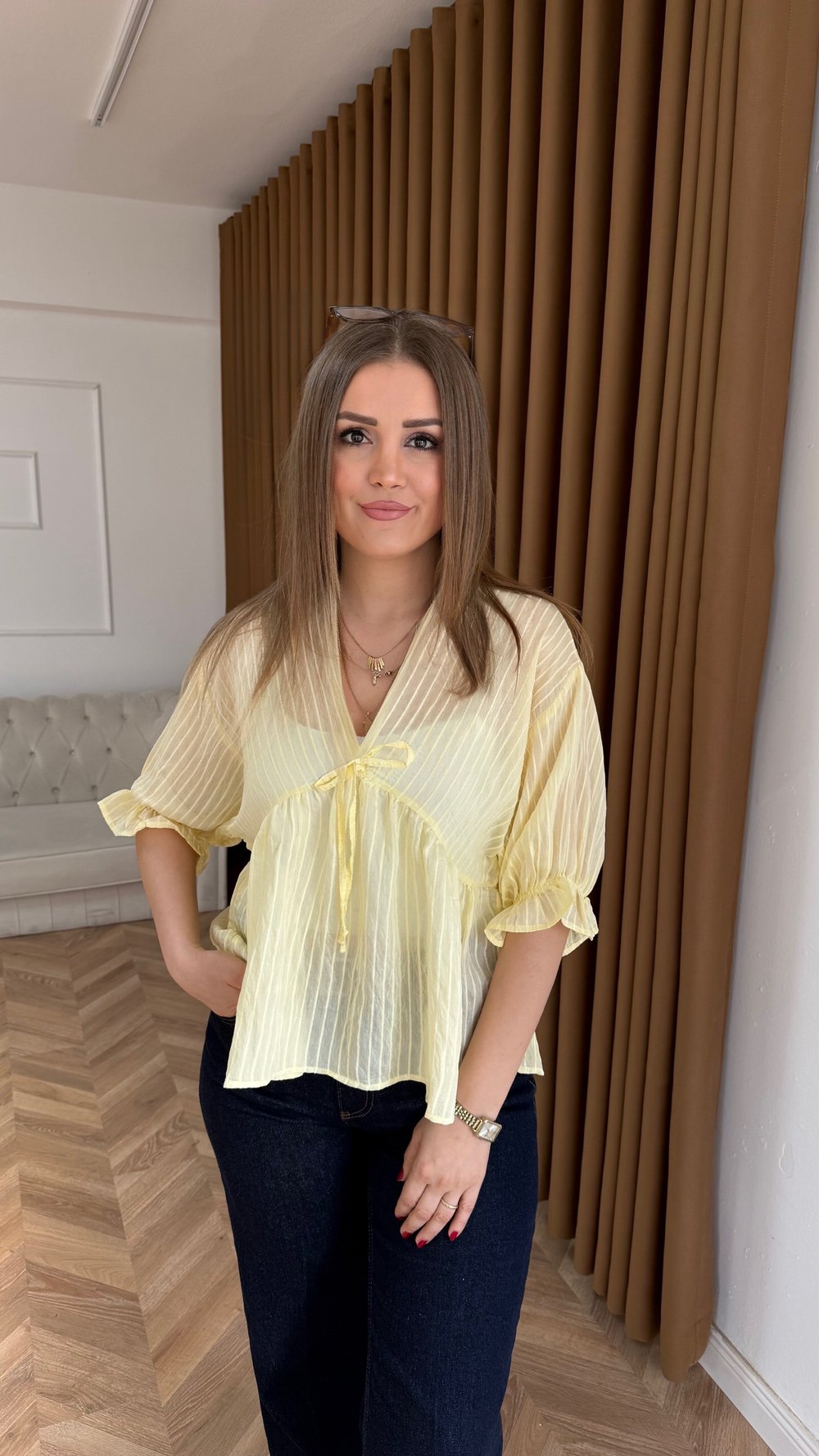 Sarı Romantik Bağlama Detaylı Şifon Bluz