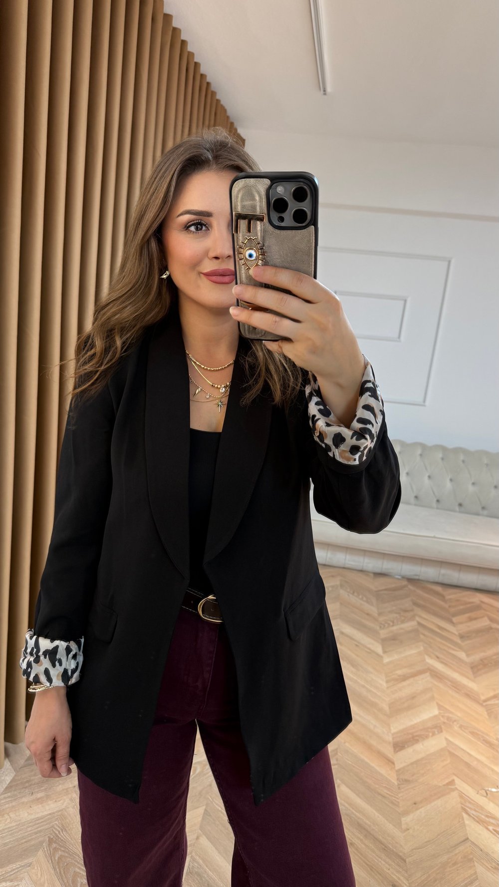Siyah Leopar Astarlı Blazer Ceket 