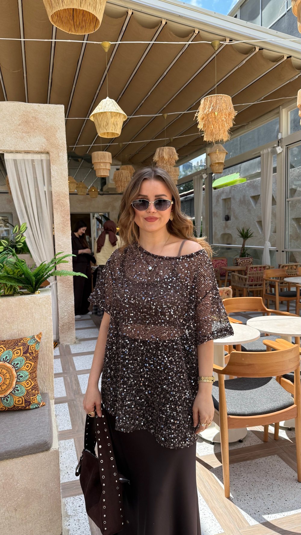 Zara Orijinal Pullu File Bluz-Kahve