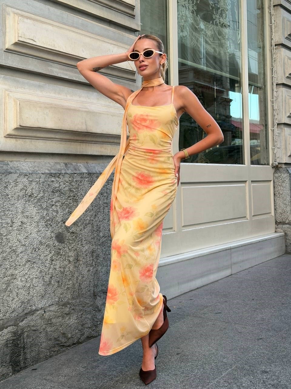 ELENİ FULARLI MİDİ ELBİSE SARI