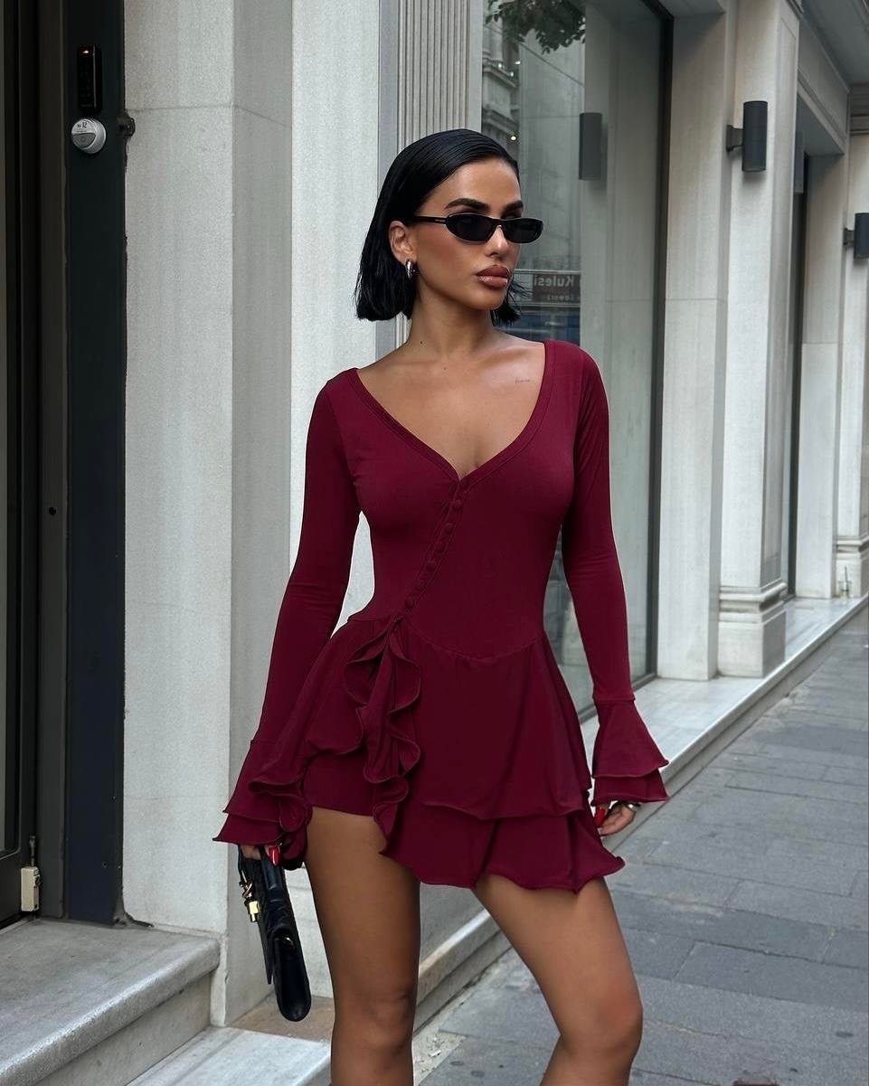Hena Claret Red Volanlı Şortlu Elbise