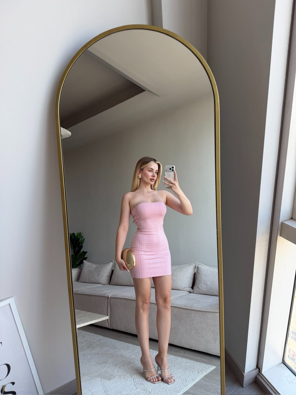 Zwilling Pink Taş Çizgi Detay Mini Elbise
