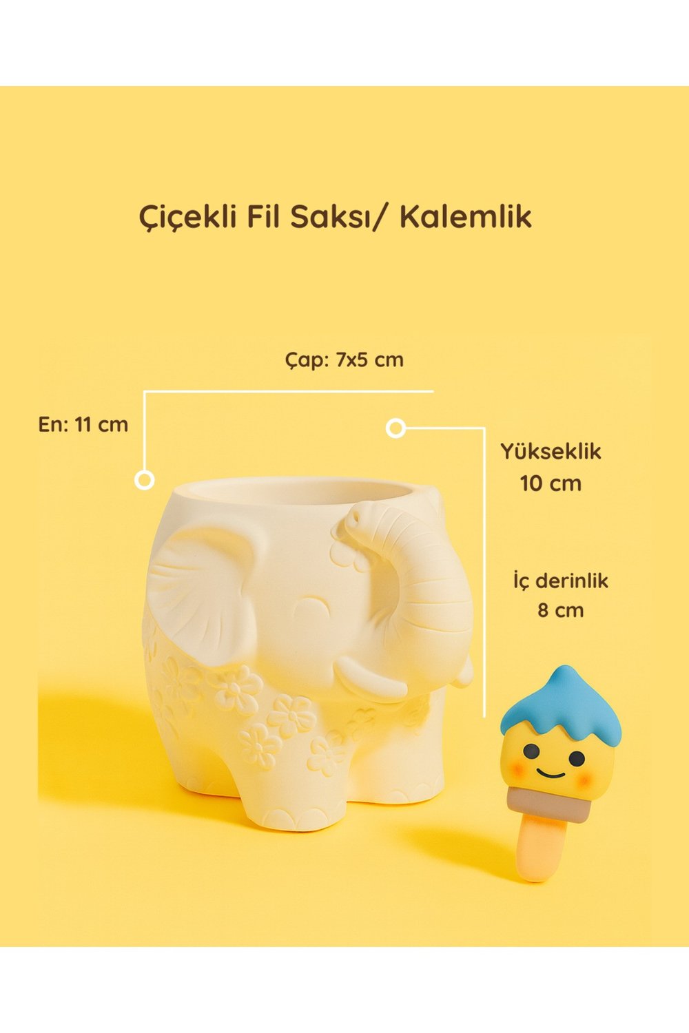 Çiçekli Fil Seramik Saksı / Kalemlik – Dekoratif Masaüstü Organizer | Dayanıklı Beton Tozu