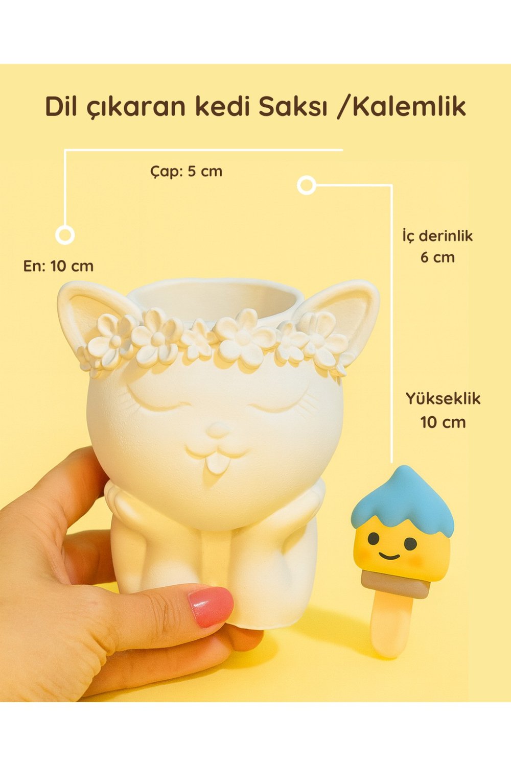 Dil Çıkaran Kedi Saksı / Kalemlik – 10 cm Boyanabilir Güçlendirilmiş Beton Saksı