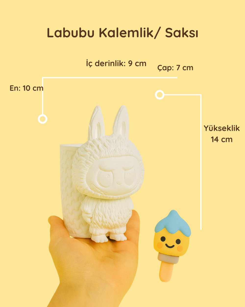Labubu Saksı / Kalemlik – 14 cm Boyanabilir Güçlendirilmiş Beton Obje | Hasır Görünümlü Sepet Hazneli Derin Kalemlik, Dekoratif Organizer