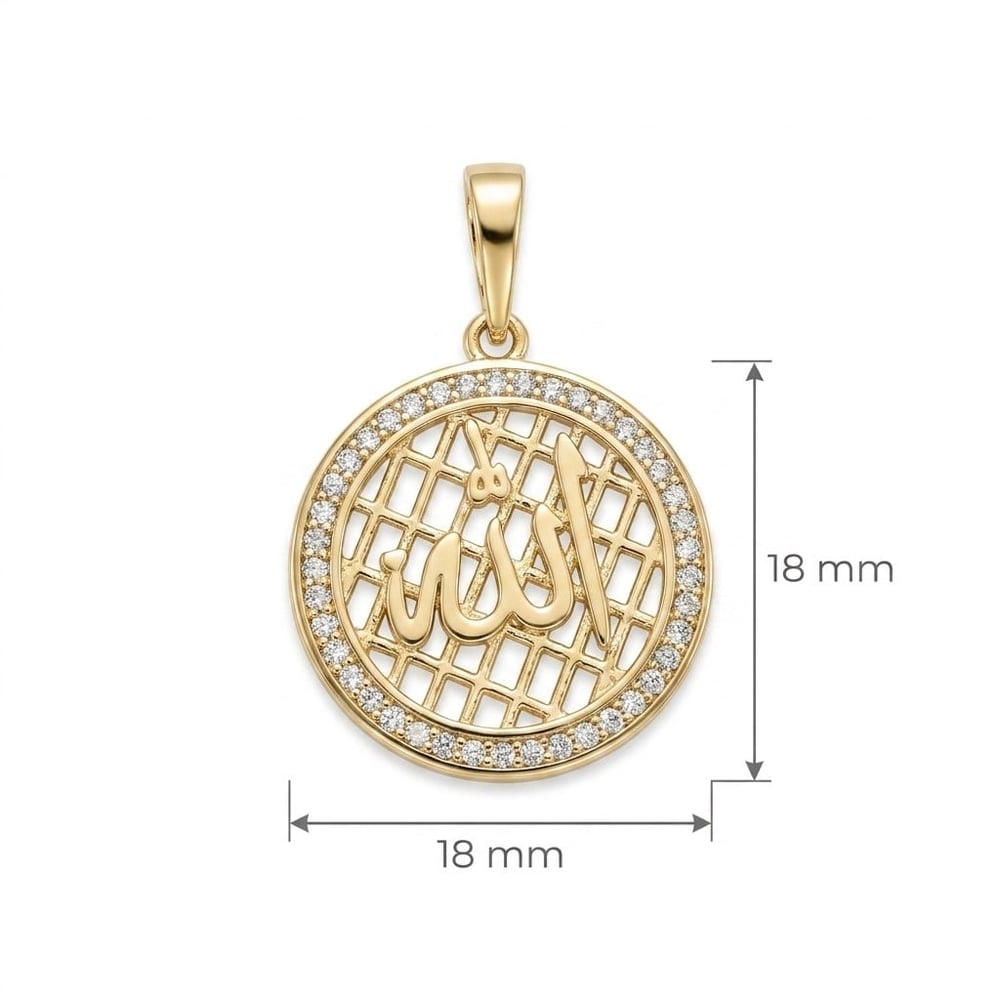 Allah Yazılı Zirkon Taşlı Kolye Ucu  - 14k Altın Kaplama - 18 x 26 mm
