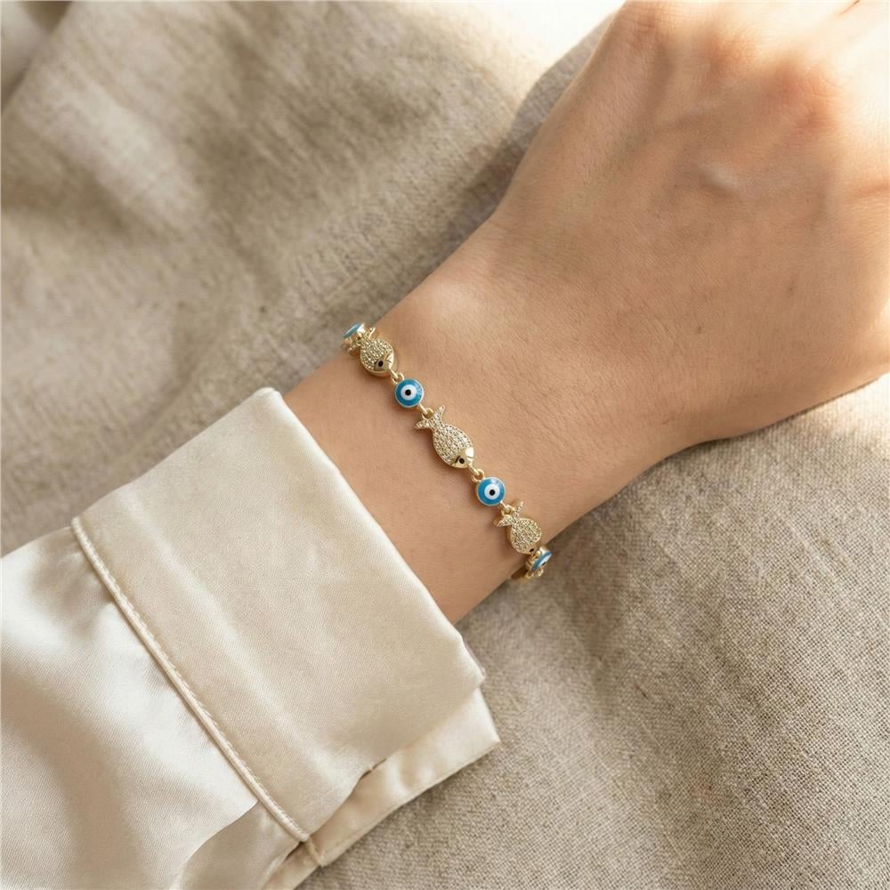 Balık Figürlü Nazar Boncuklu Çelik Bileklik - 14K Altın Kaplama - 16+2 cm
