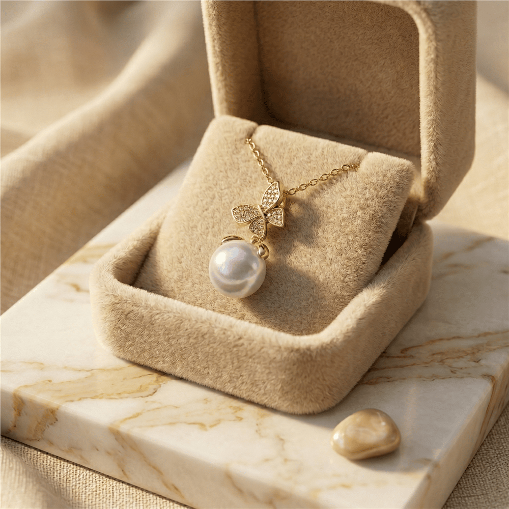 Beyaz İncili Kelebek Detaylı Zirkon Taşlı Kolye Ucu - 14k Altın Kaplama - 11x22 mm (45 cm Çelik Zincir Hediyeli)