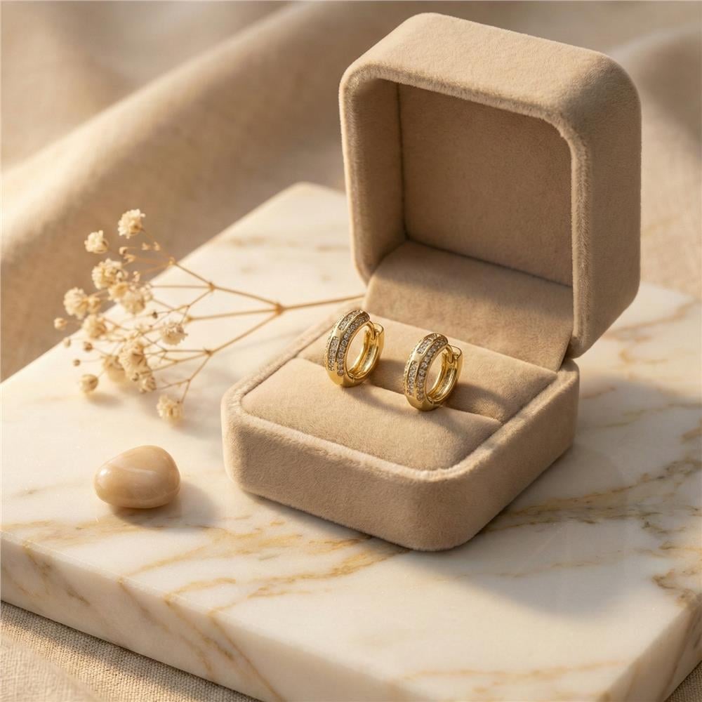 Çift Sıra Zirkon Taşlı Halka Küpe - 14K Altın Kaplama - 15 mm çap