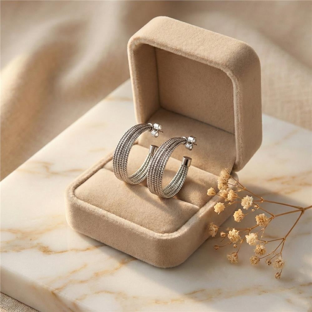 Çok Sıralı Zincir Halka Küpe - Beyaz Altın Kaplama - 28 mm çap