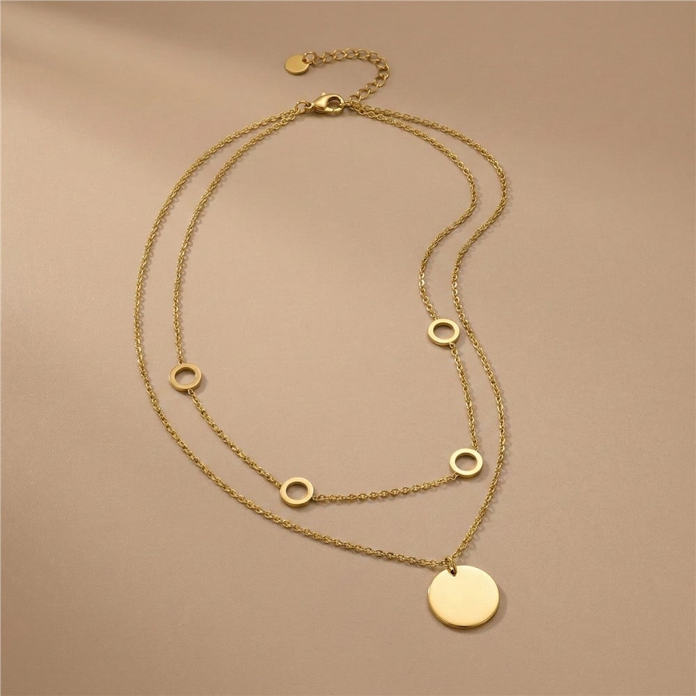 Daire Halka Gurme Zincir Çift Çelik Kolye - 14K Altın Kaplama - 42+5 cm / 1 mm
