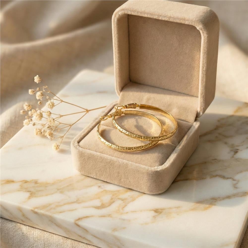 Desenli Halka Küpe - 14K Altın Kaplama - 4 cm çap