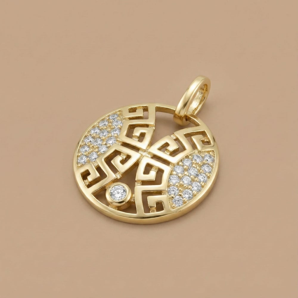 Desenli Yuvarlak Kolye Ucu - Zirkon - 14K Altın Kaplama - 16 mm