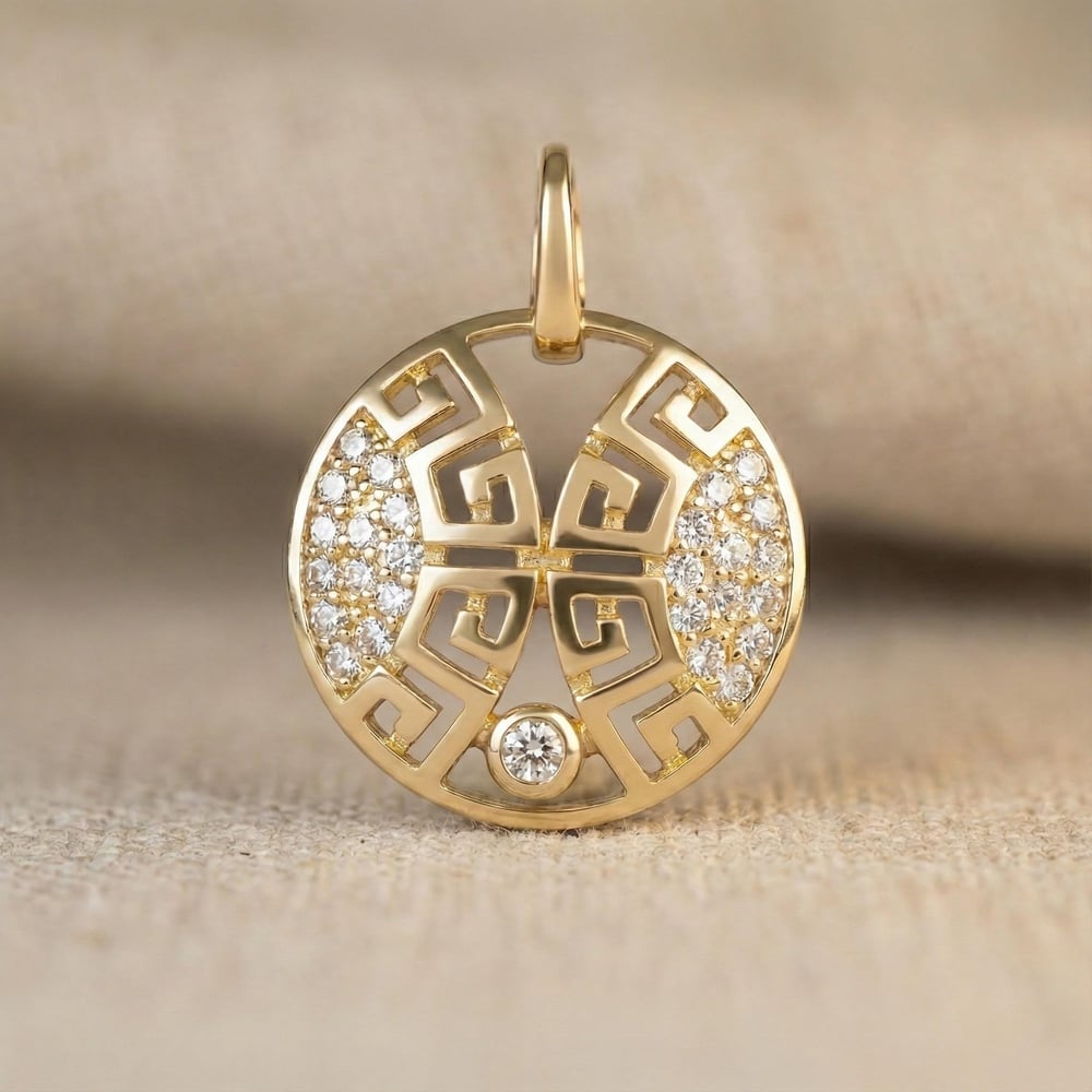 Desenli Yuvarlak Kolye Ucu - Zirkon - 14K Altın Kaplama - 16 mm