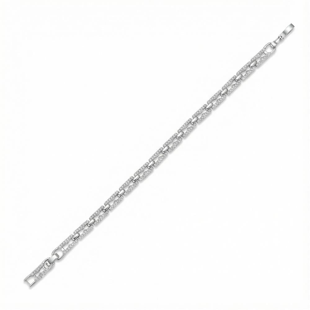 Dikdörtgen Halkalı Taşlı Çelik Bileklik - Beyaz Altın Kaplama - 17+2 cm