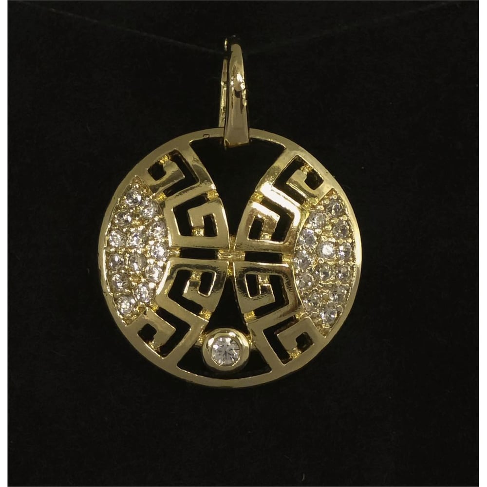 Desenli Yuvarlak Kolye Ucu - Zirkon - 14K Altın Kaplama - 16 mm
